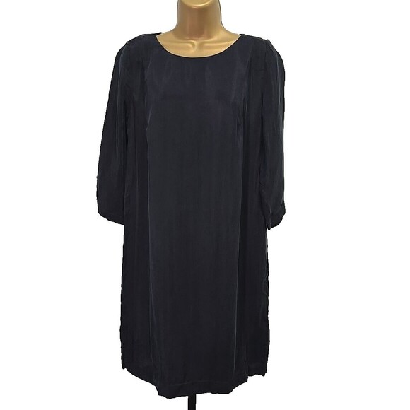 Peasant Minimalist Lagenlook Modest Black Shift Capsule Dress Womens Small Cupro - Picture 8 of 8